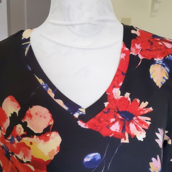 LILDY Tunic Dress Floral V-Neck  Navy Blue Size S-M - Picture 2 of 9